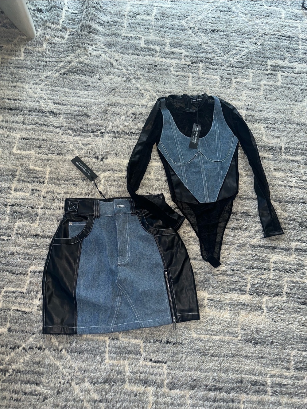 Black and Denim Two-Piece Dress Set - Women's Long Sleeve Bodysuit & Skirt